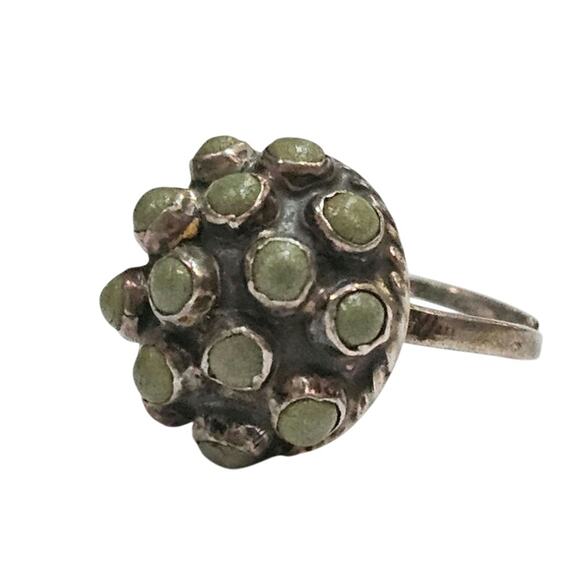 Vintage Sterling Green Cabochon Cluster Ring - Adjustable Size 8, Dome Design - Picture 2 of 3